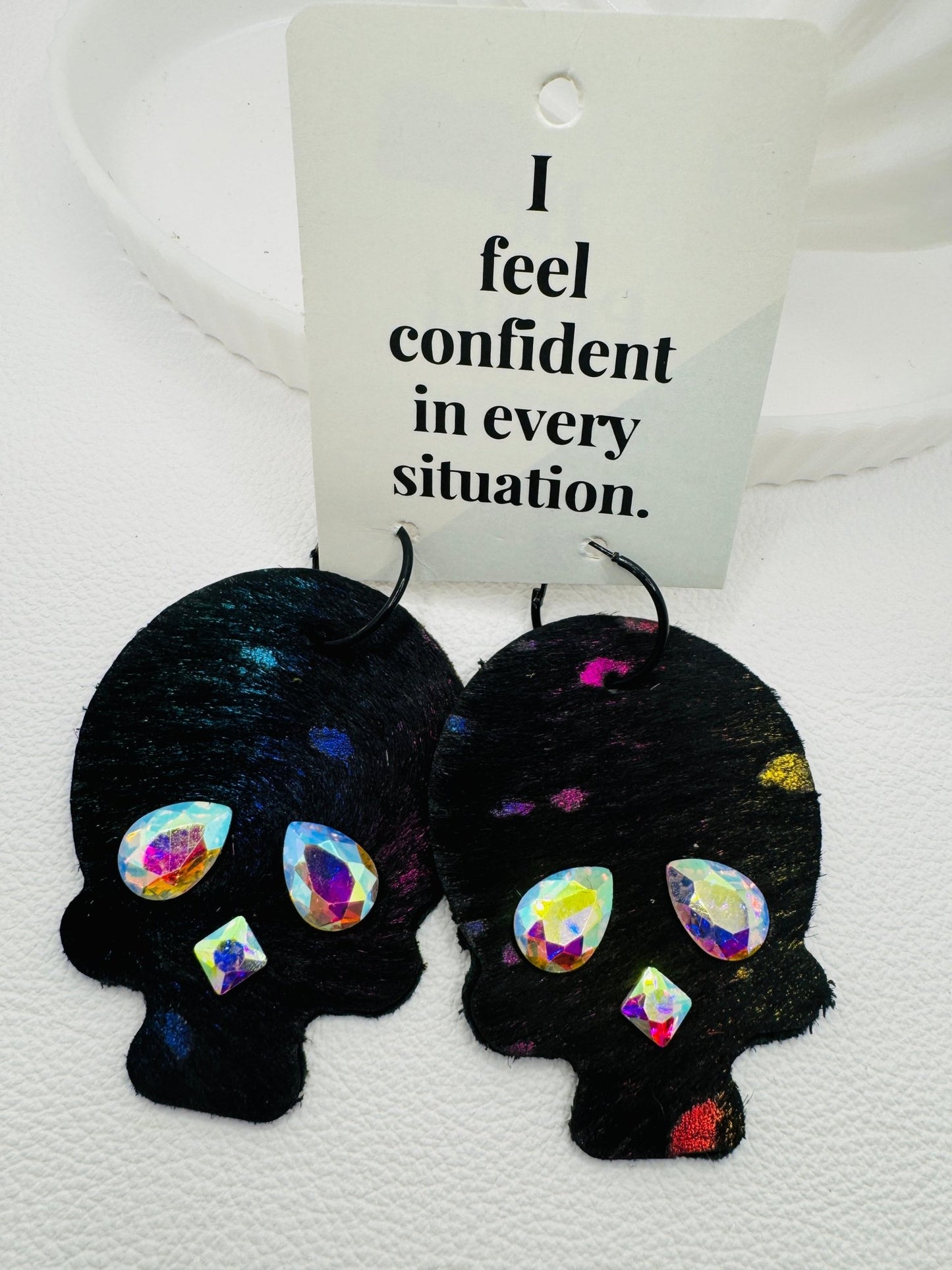 Black Rainbow Hair on Hide Skull Earrings - Jagged Leather Handmade Jewelry