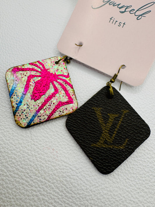 Glitter Multicolored Designer Spider Earrings - Jagged Leather Handmade Jewelry