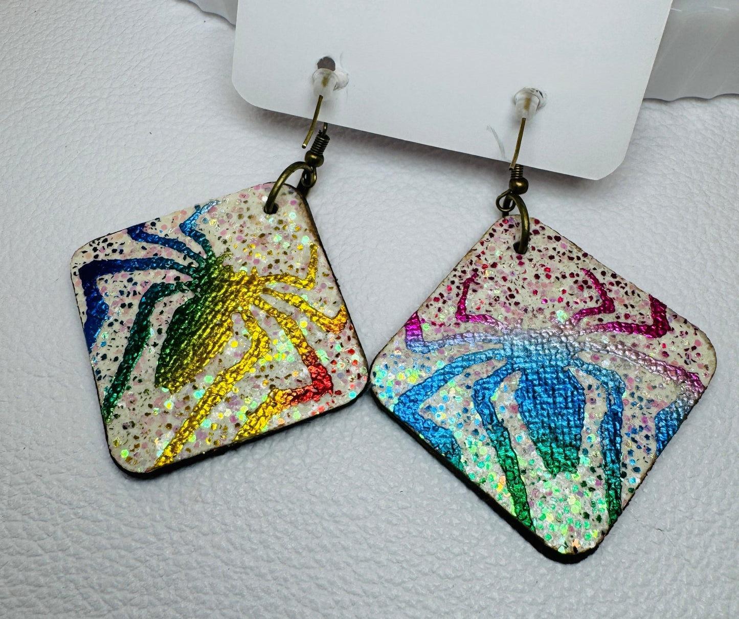 Glitter Multicolored Designer Spider Earrings - Jagged Leather Handmade Jewelry