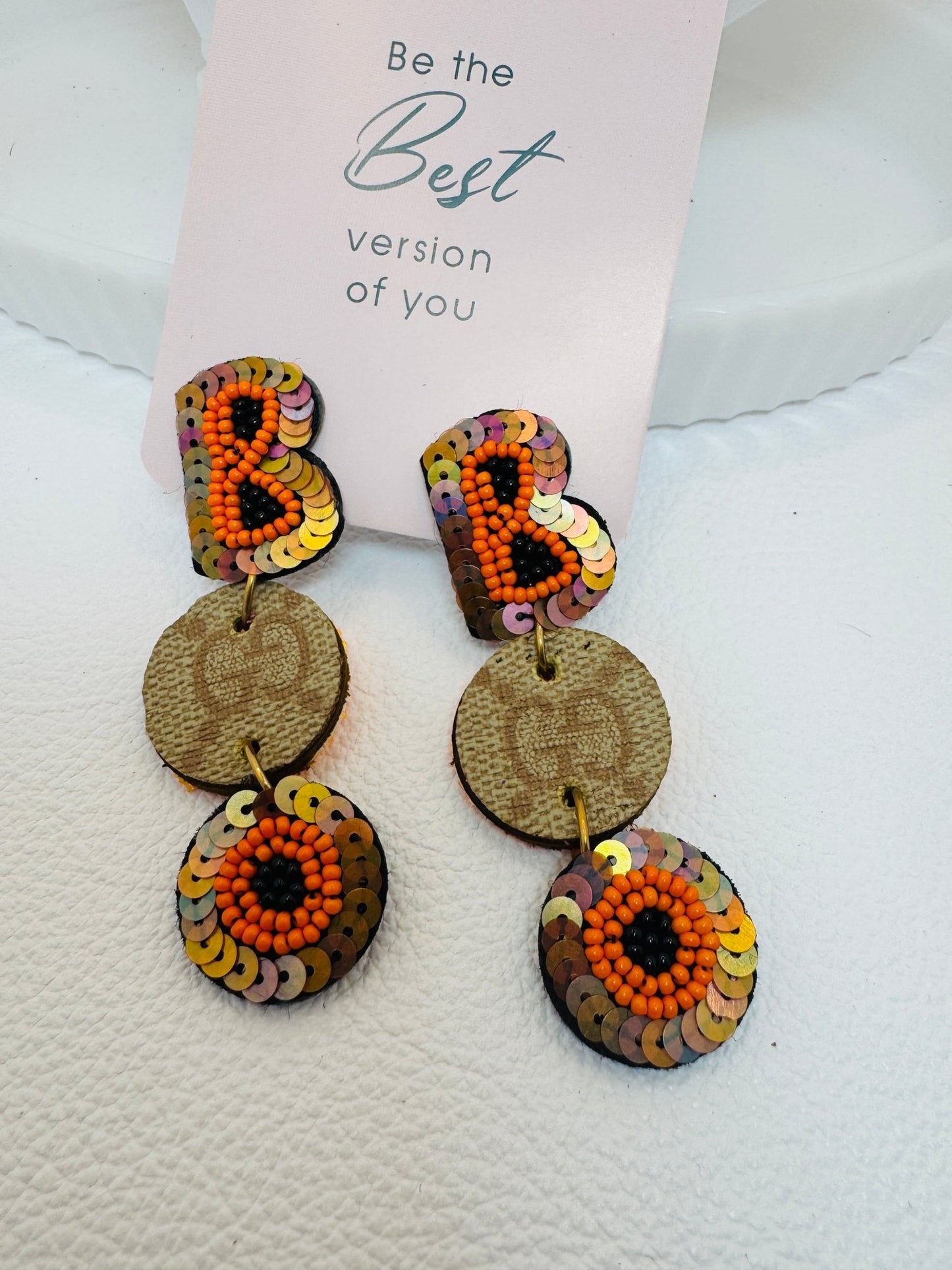 Gold & Orange BOO Designer Earrings - Jagged Leather Handmade Jewelry