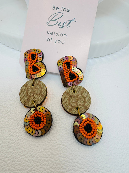 Gold & Orange BOO Designer Earrings - Jagged Leather Handmade Jewelry