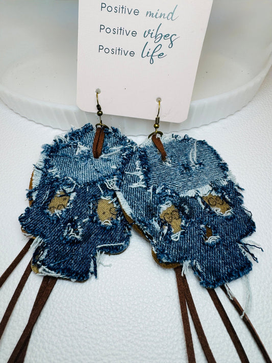 Blue Denim Designer Skull Earrings - Jagged Leather Handmade Jewelry