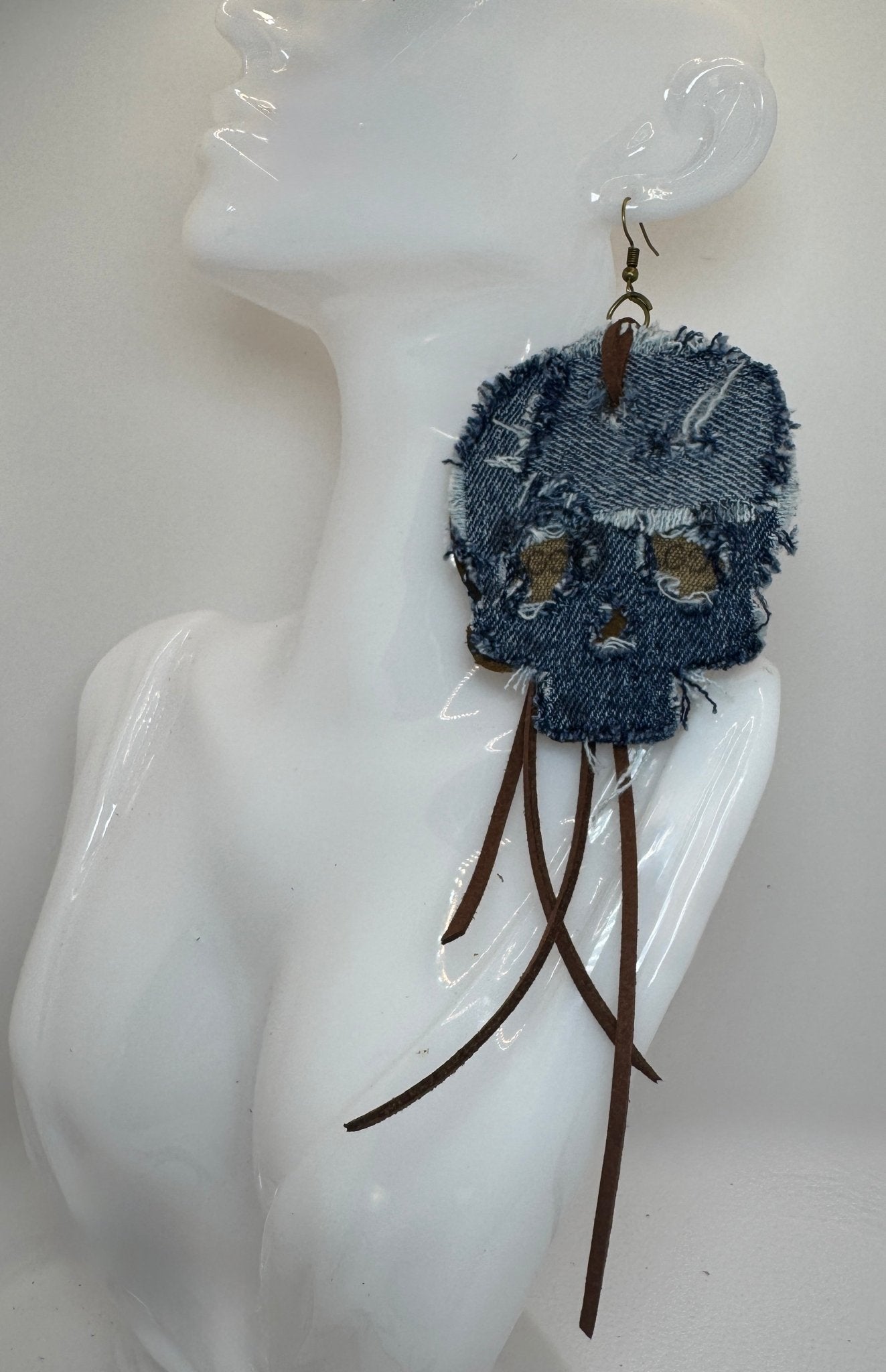 Blue Denim Designer Skull Earrings - Jagged Leather Handmade Jewelry