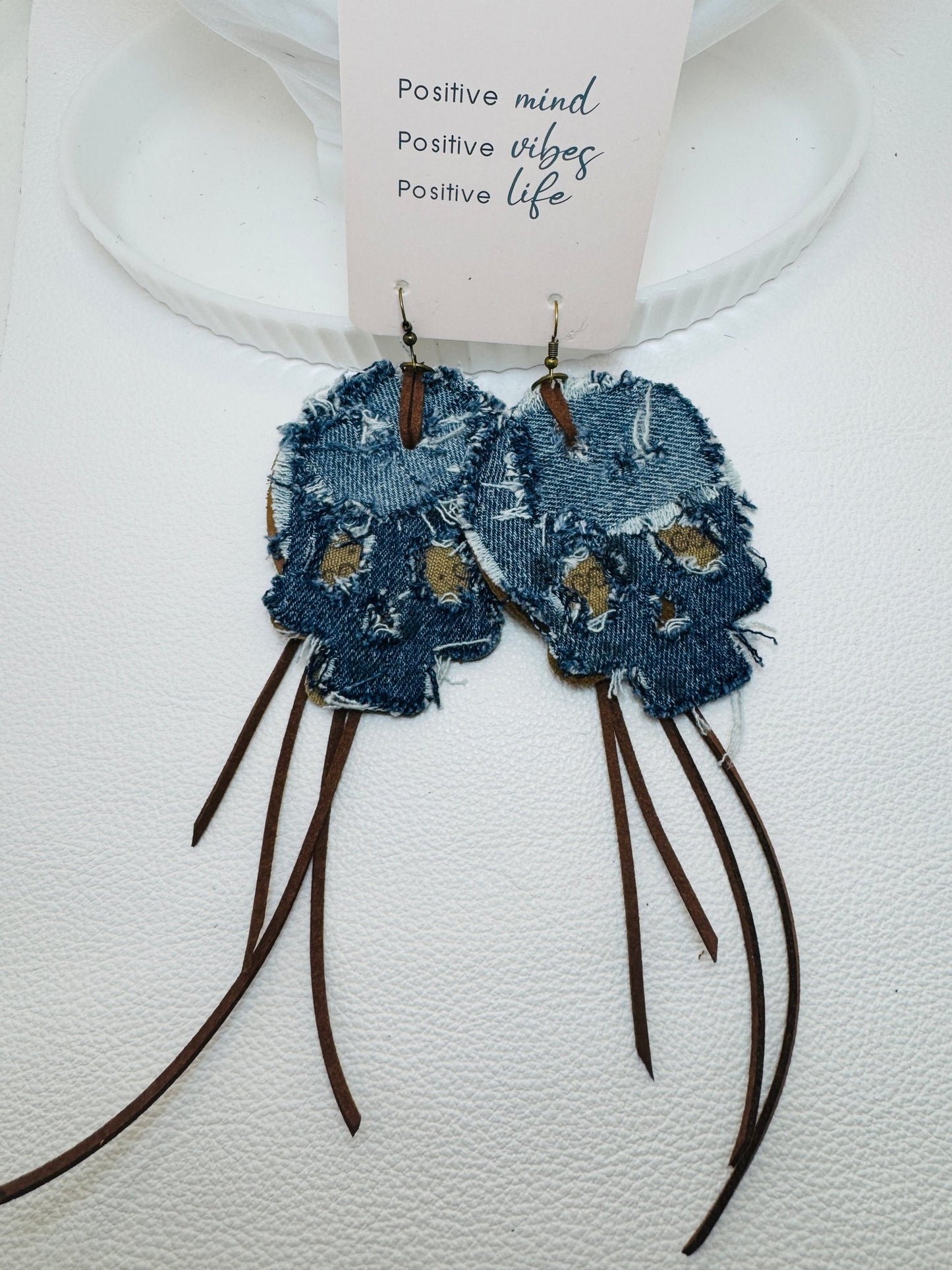 Blue Denim Designer Skull Earrings - Jagged Leather Handmade Jewelry