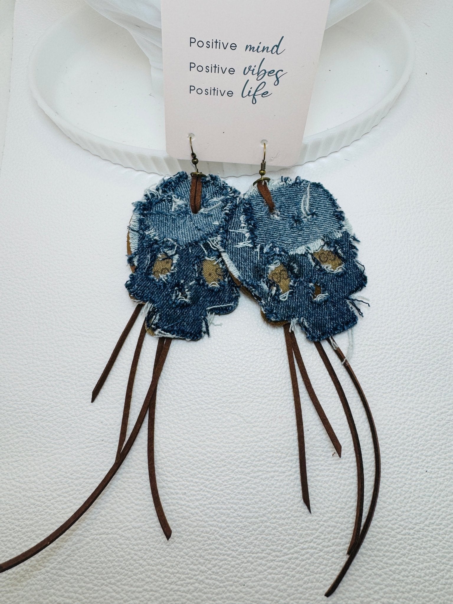 Blue Denim Designer Skull Earrings - Jagged Leather Handmade Jewelry