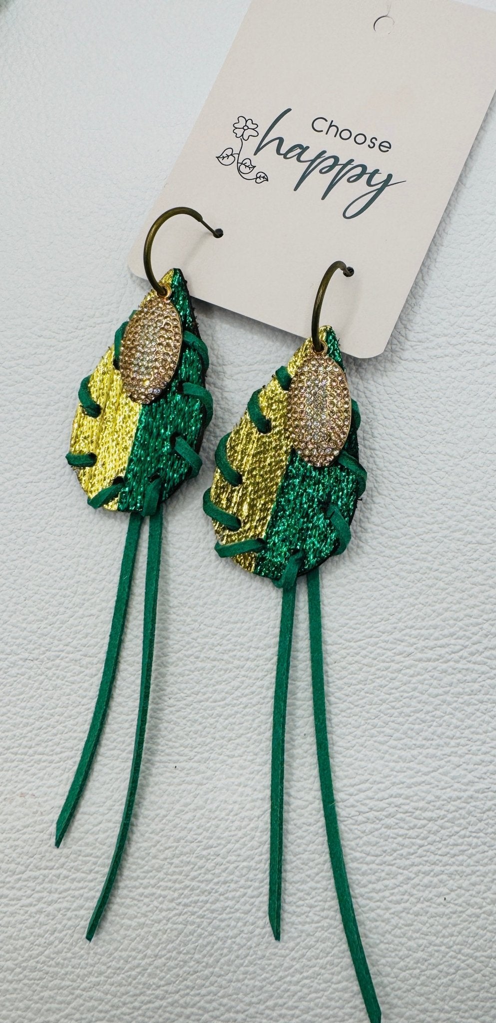 Yellow & Green Earrings w rhinestone football - Jagged Leather Handmade Jewelry
