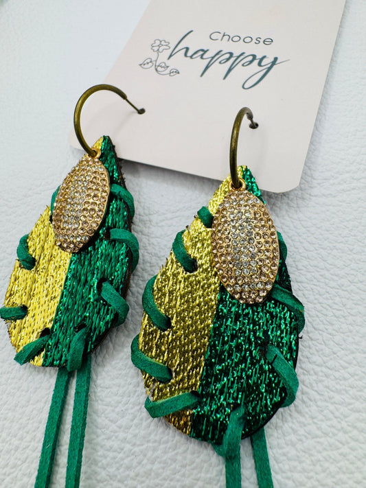 Yellow & Green Earrings w rhinestone football - Jagged Leather Handmade Jewelry