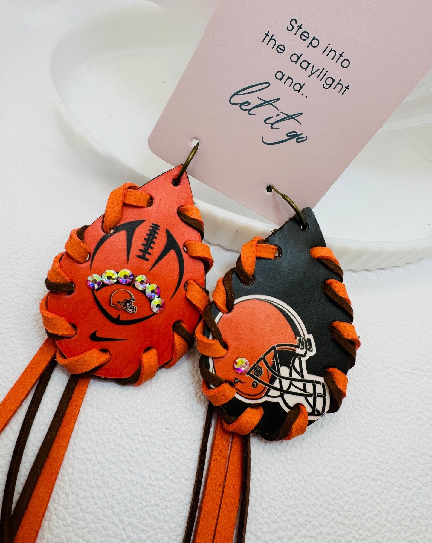 Brown & Orange Fan Earrings - Jagged Leather Handmade Jewelry