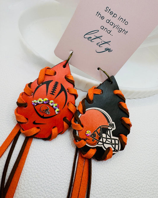 Brown & Orange Fan Earrings - Jagged Leather Handmade Jewelry