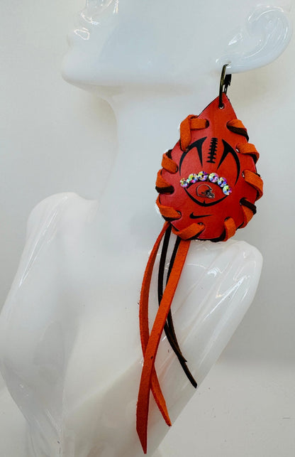 Brown & Orange Fan Earrings - Jagged Leather Handmade Jewelry