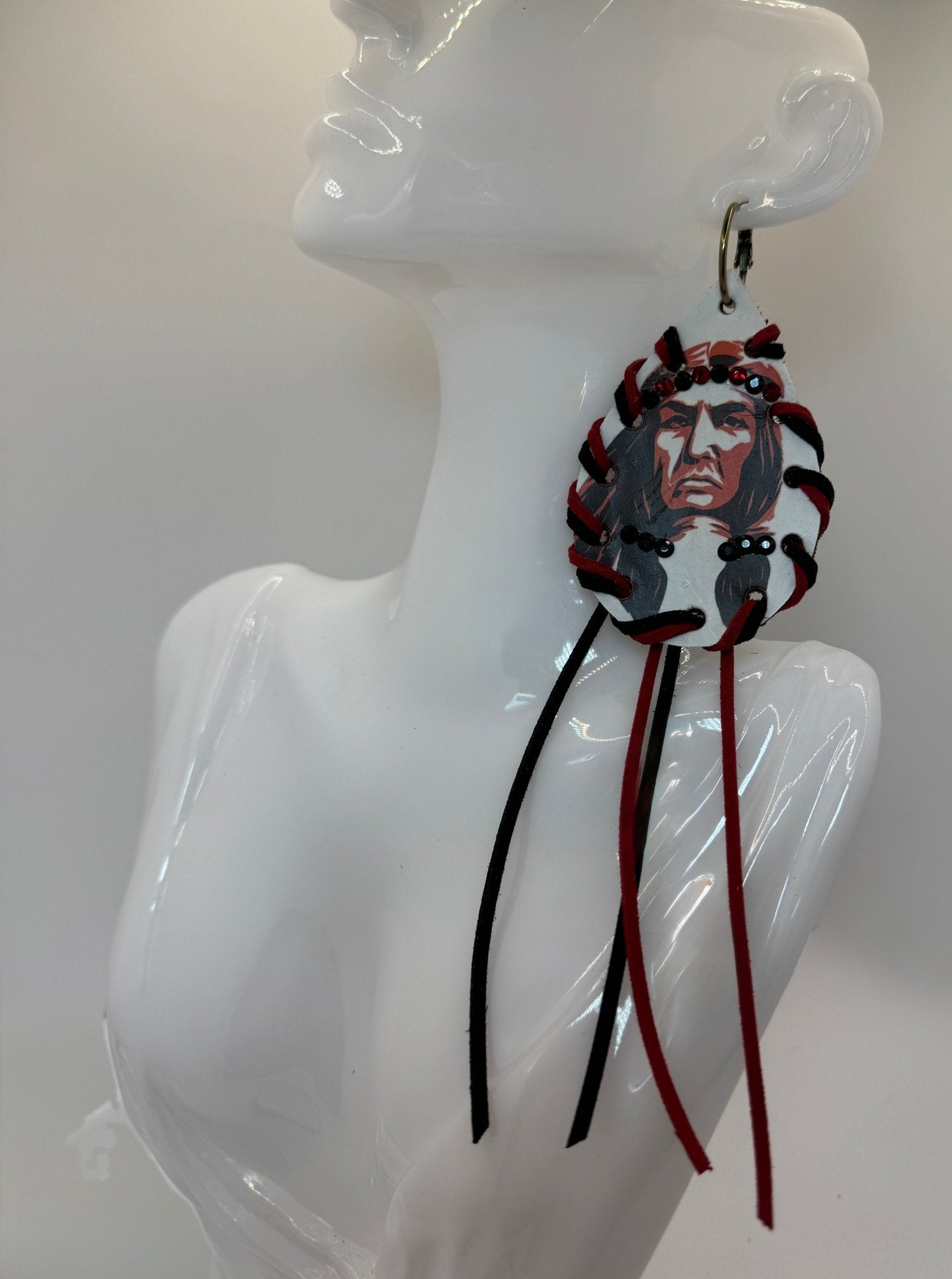 Red & Black Redskin Earrings - Customized - Jagged Leather Handmade Jewelry