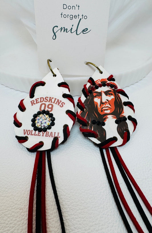 Red & Black Redskin Earrings - Customized - Jagged Leather Handmade Jewelry