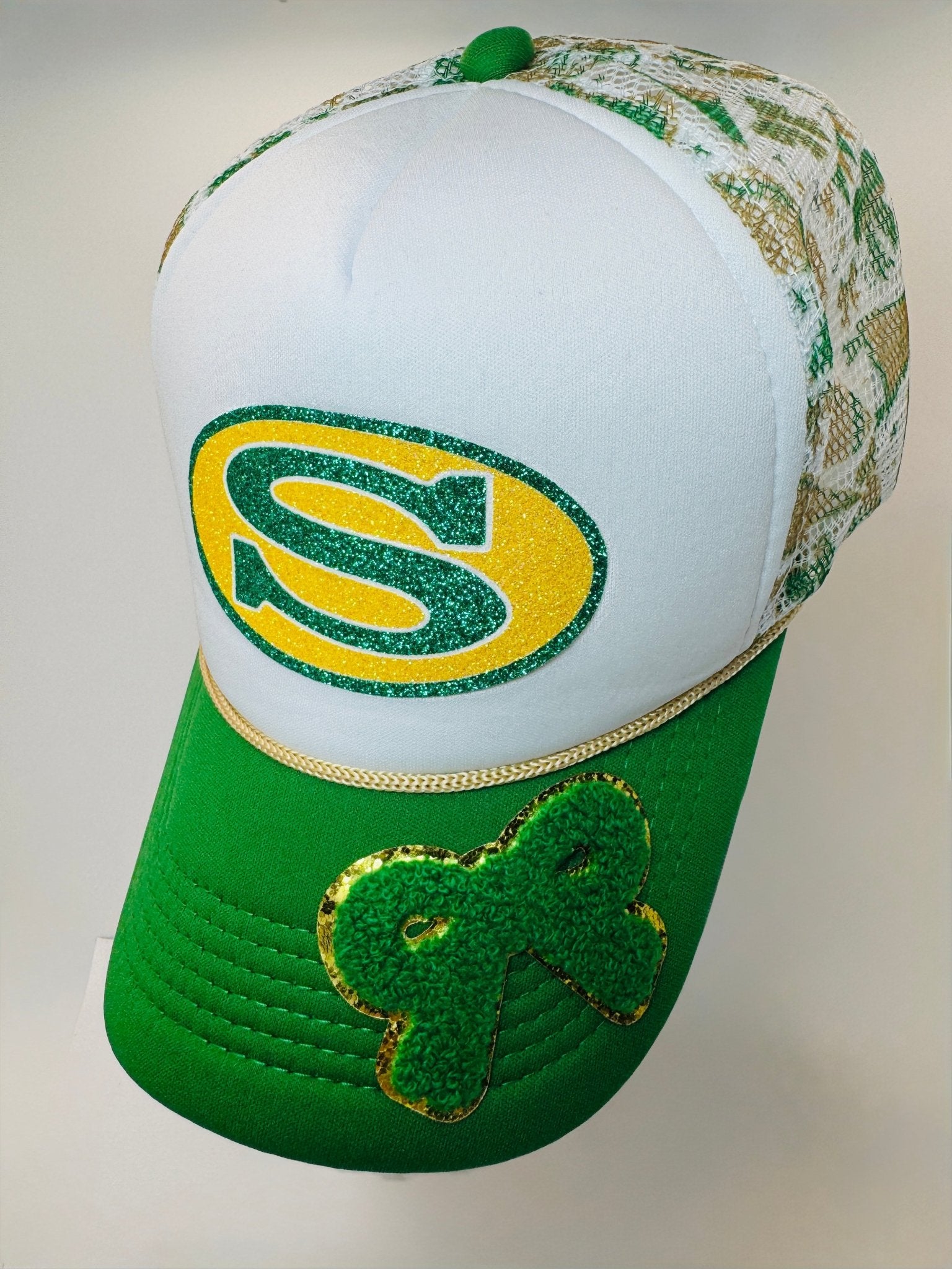 Green & Gold Gitter Customized Trucker Hat - Jagged Leather Handmade Jewelry