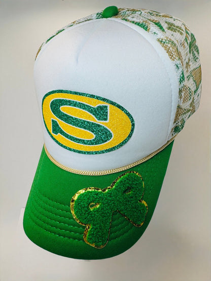 Green & Gold Gitter Customized Trucker Hat - Jagged Leather Handmade Jewelry