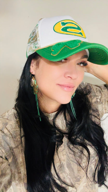 Green & Gold Gitter Customized Trucker Hat - Jagged Leather Handmade Jewelry