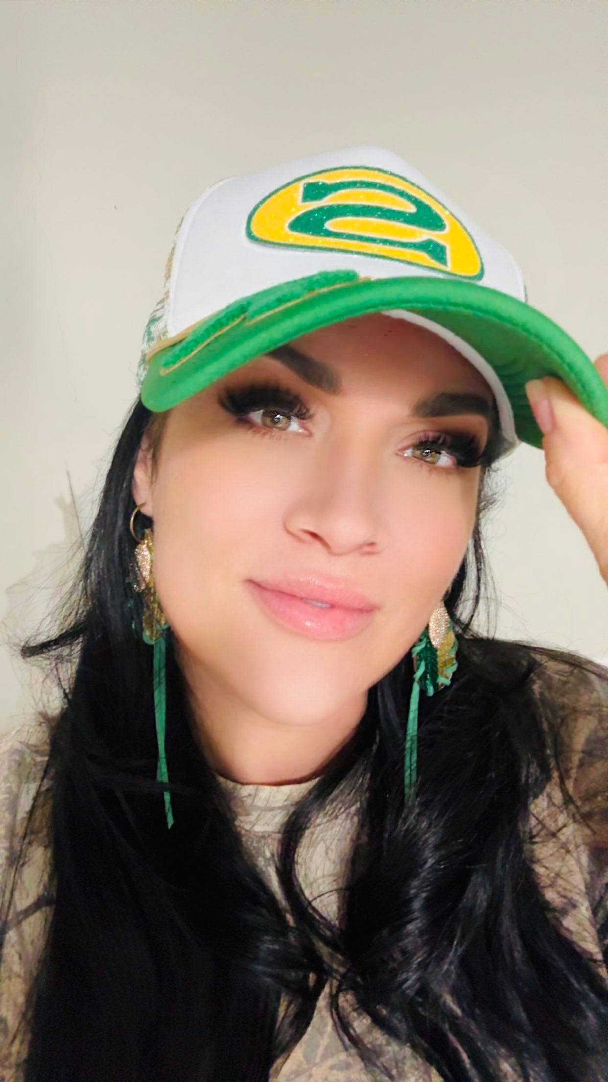 Green & Gold Gitter Customized Trucker Hat - Jagged Leather Handmade Jewelry