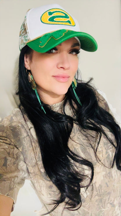 Green & Gold Gitter Customized Trucker Hat - Jagged Leather Handmade Jewelry