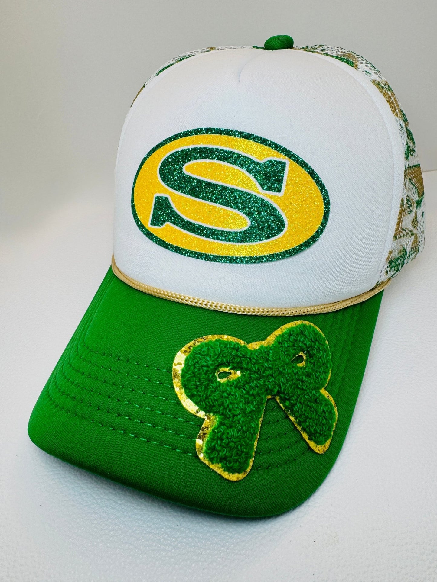 Green & Gold Gitter Customized Trucker Hat - Jagged Leather Handmade Jewelry