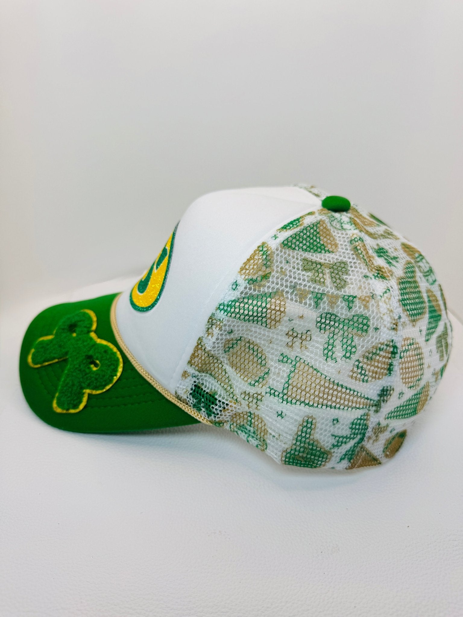 Green & Gold Gitter Customized Trucker Hat - Jagged Leather Handmade Jewelry