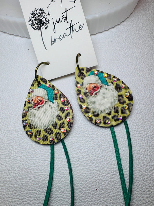 Santa with Green leather sparkle Tassels - Jagged Leather Handmade Jewelry