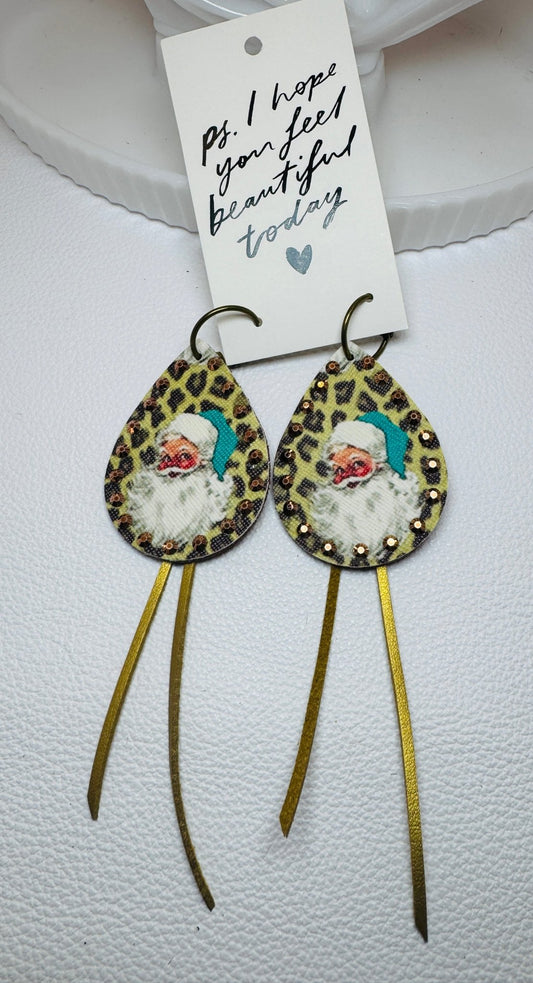 Gold Leopard Santa Earrings - Jagged Leather Handmade Jewelry