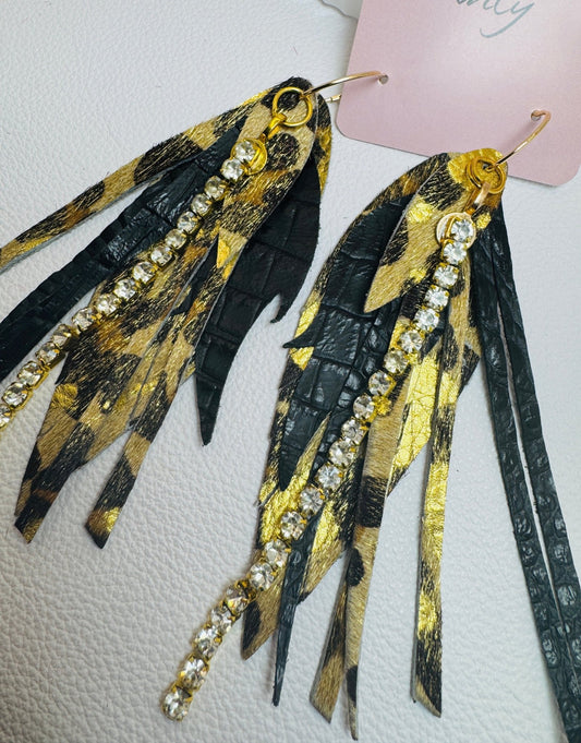 Leopard Rhinestone Feather Earrings - Jagged Leather Handmade Jewelry