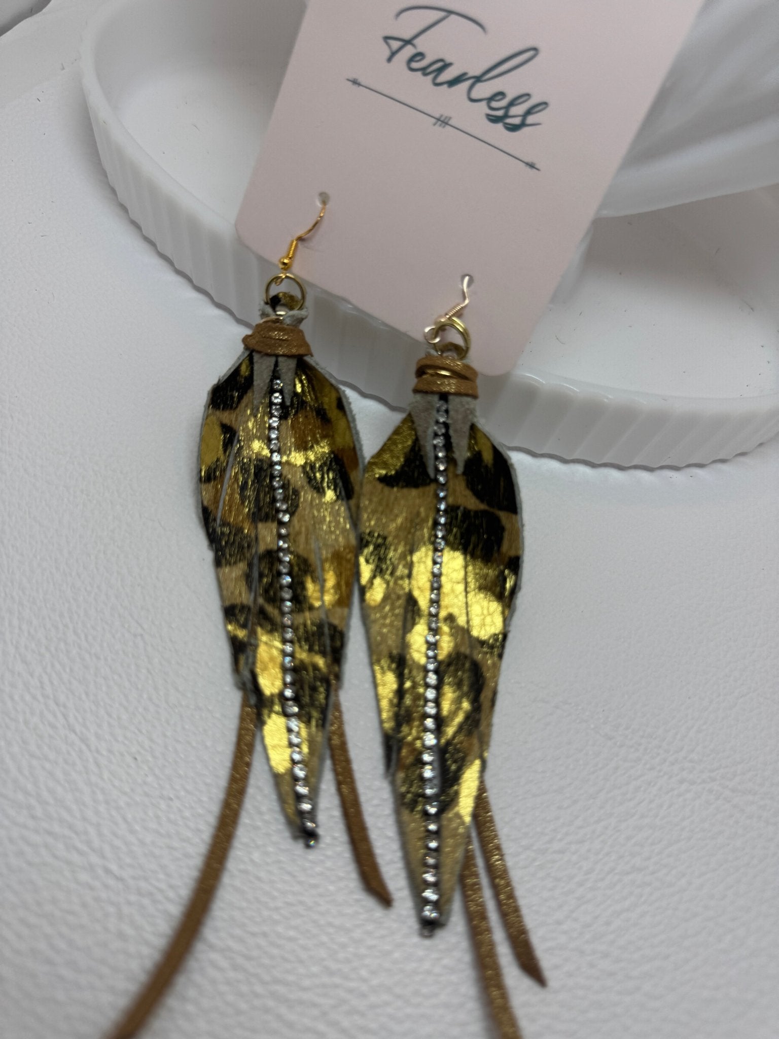 Golden Leopard Feather Tassel Earrings - Jagged Leather Handmade Jewelry