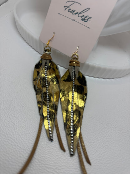 Golden Leopard Feather Tassel Earrings - Jagged Leather Handmade Jewelry