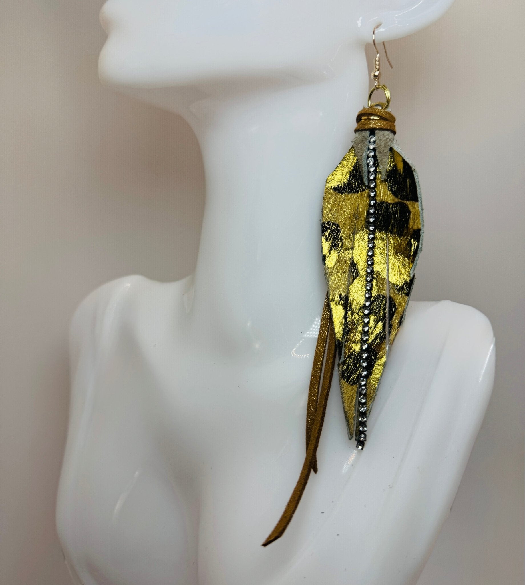 Golden Leopard Feather Tassel Earrings - Jagged Leather Handmade Jewelry