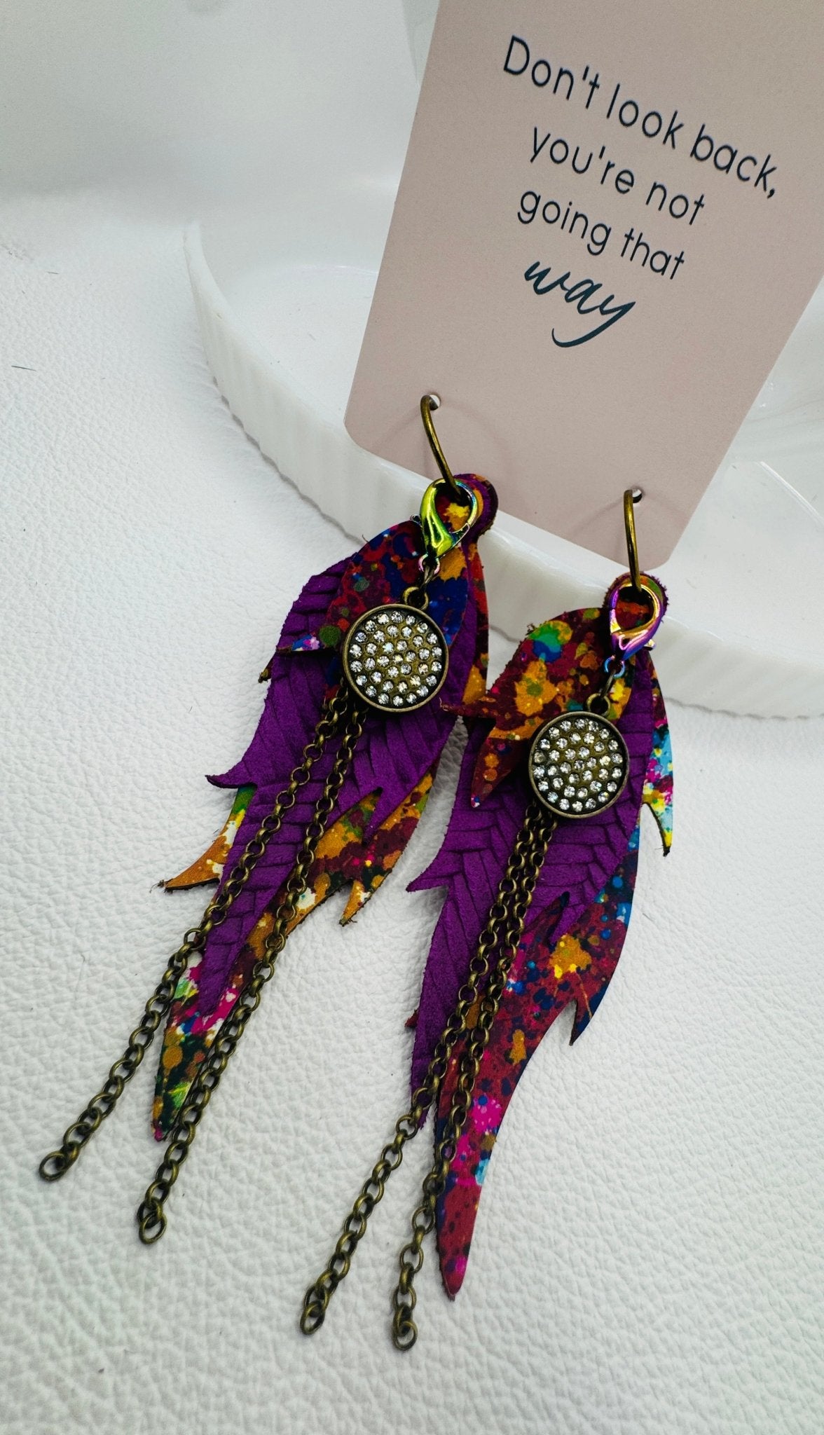 Purple Splatter Feather Earrings - Jagged Leather Handmade Jewelry
