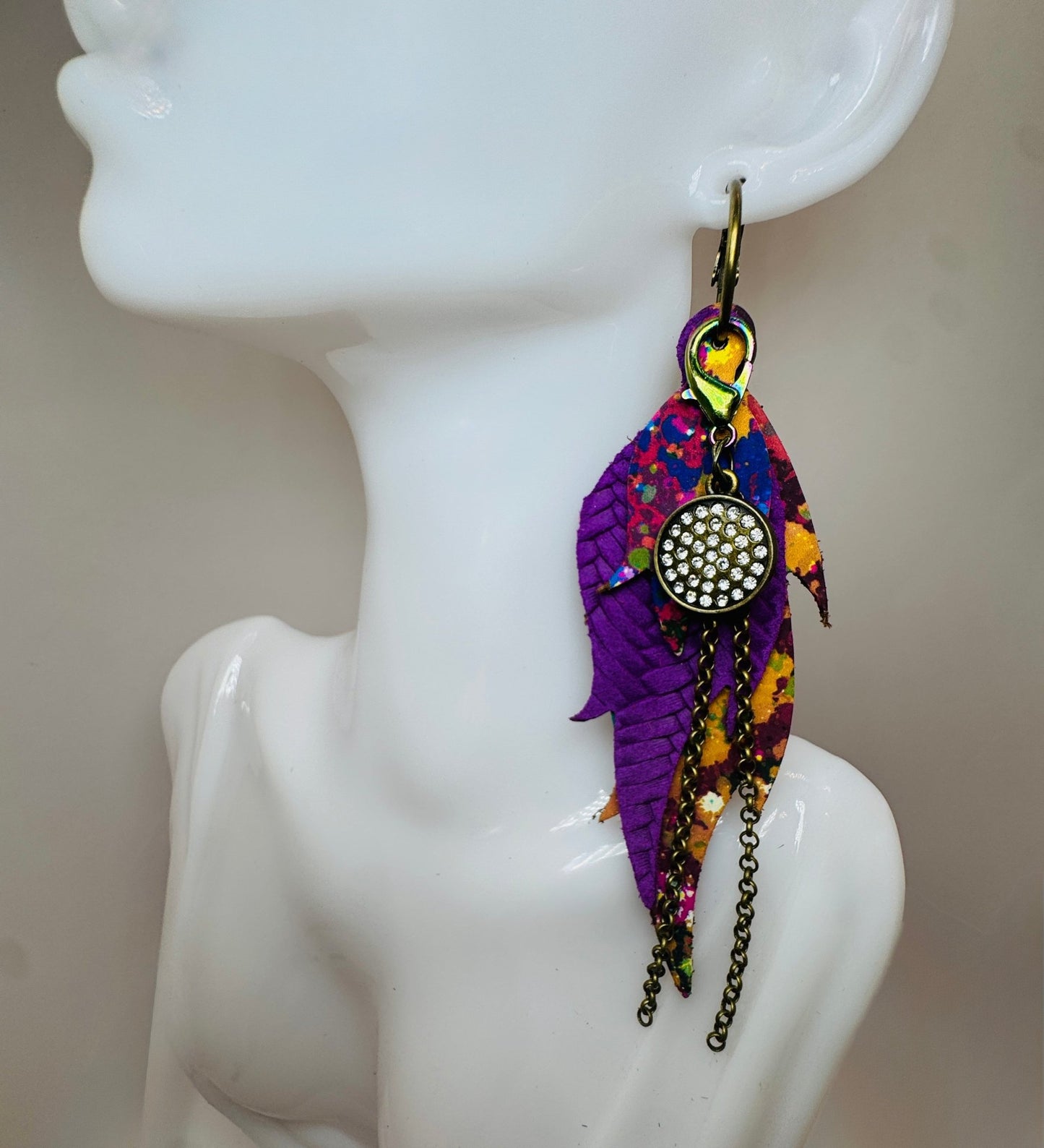 Purple Splatter Feather Earrings - Jagged Leather Handmade Jewelry