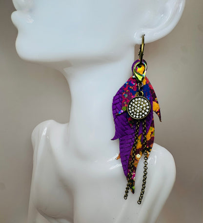 Purple Splatter Feather Earrings - Jagged Leather Handmade Jewelry