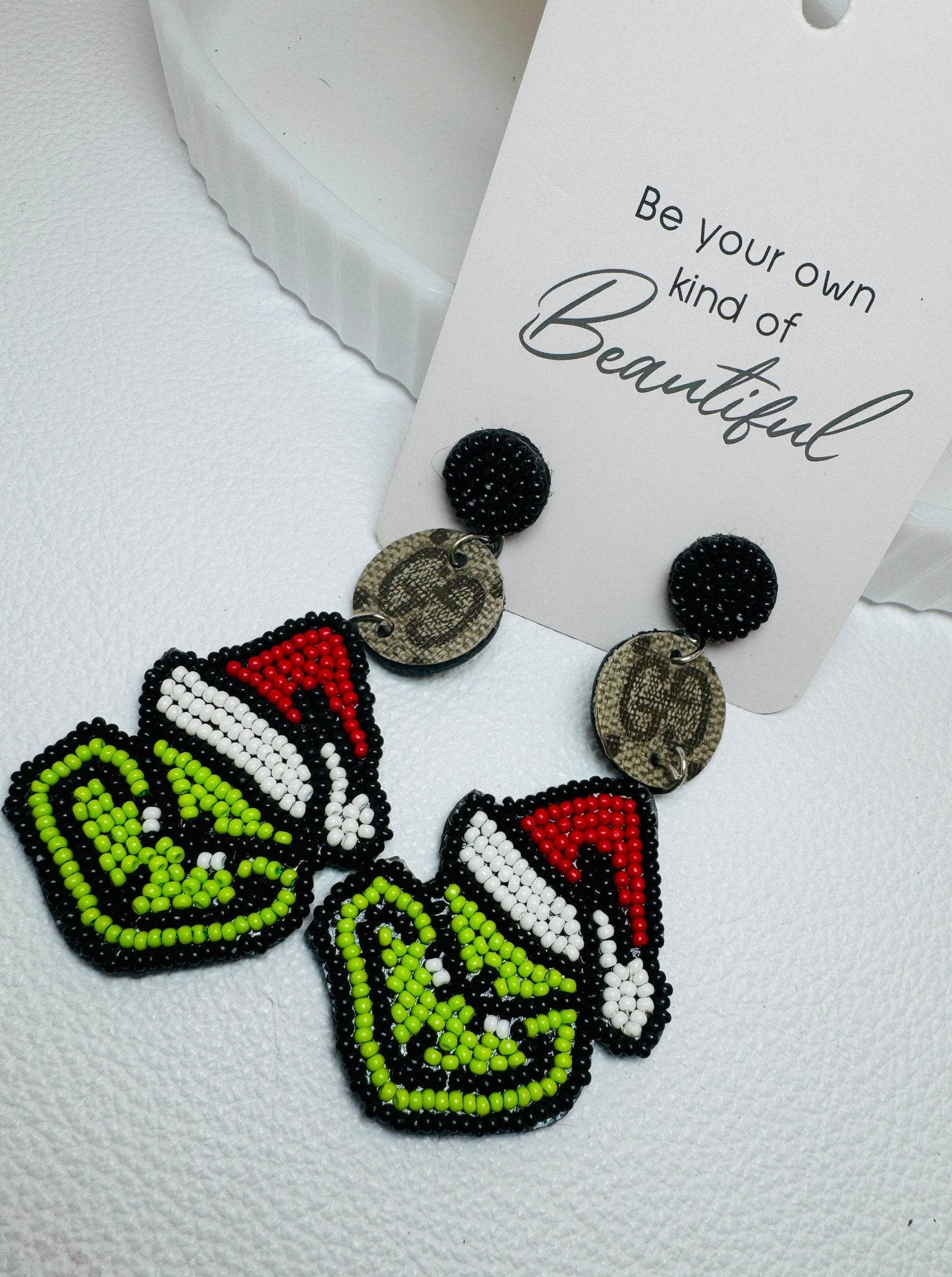 Grinch gig Beaded Drops - Jagged Leather Handmade Jewelry