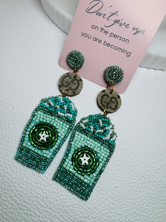 Green Designer Coffee Earrings - Jagged Leather Handmade Jewelry