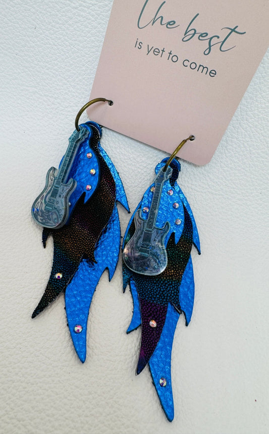 Electric Blue Guitar Leather Earrings - Jagged Leather Handmade Jewelry