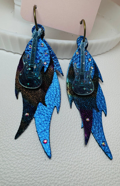 Electric Blue Guitar Leather Earrings - Jagged Leather Handmade Jewelry