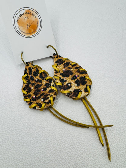 Leopard Leather Rhinestone Earrings with Gold Lacing