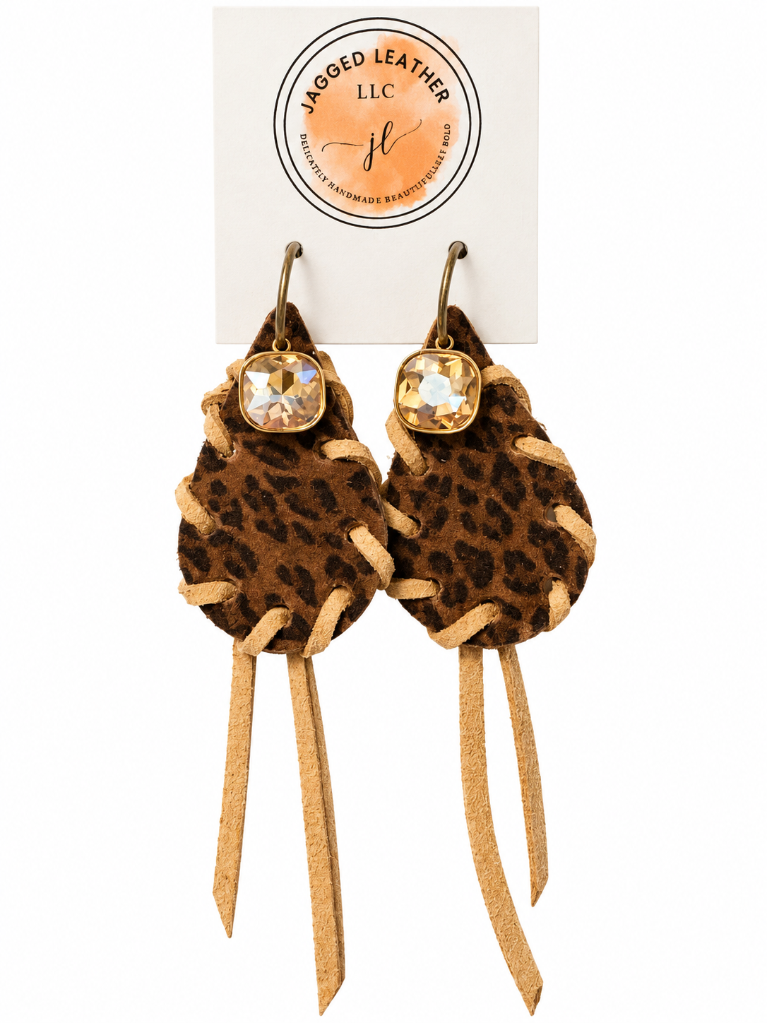 Leopard Leather Laced Earrings with Crystal Accent