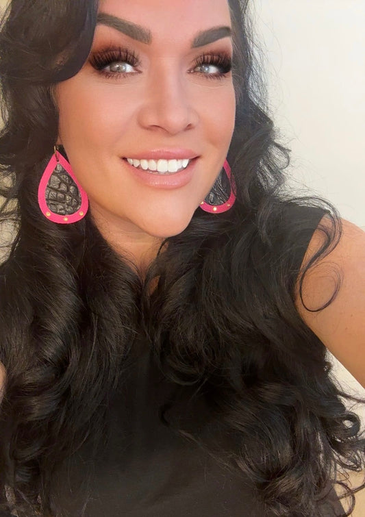 Unique Earrings: Hot Pink & Black Gator - Jagged Leather