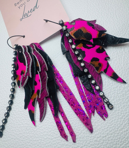 Unique Earrings: Hot Pink Leopard Feathers - Jagged Leather