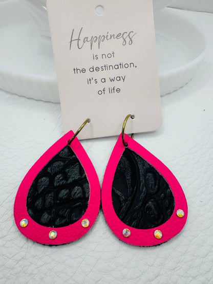 Unique Earrings: Hot Pink & Black Gator - Jagged Leather