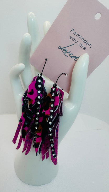 Unique Earrings: Hot Pink Leopard Feathers - Jagged Leather