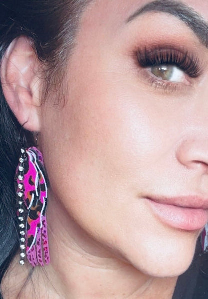 Unique Earrings: Hot Pink Leopard Feathers - Jagged Leather