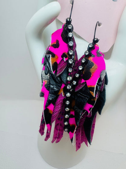 Unique Earrings: Hot Pink Leopard Feathers - Jagged Leather