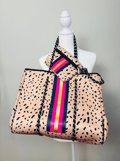 Black & Champagne Gold Leopard Print Neoprene Bag