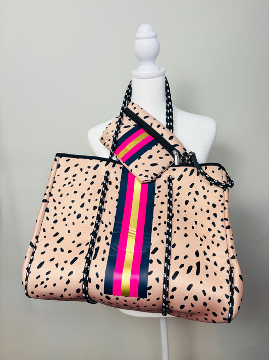Black & Champagne Gold Leopard Print Neoprene Bag