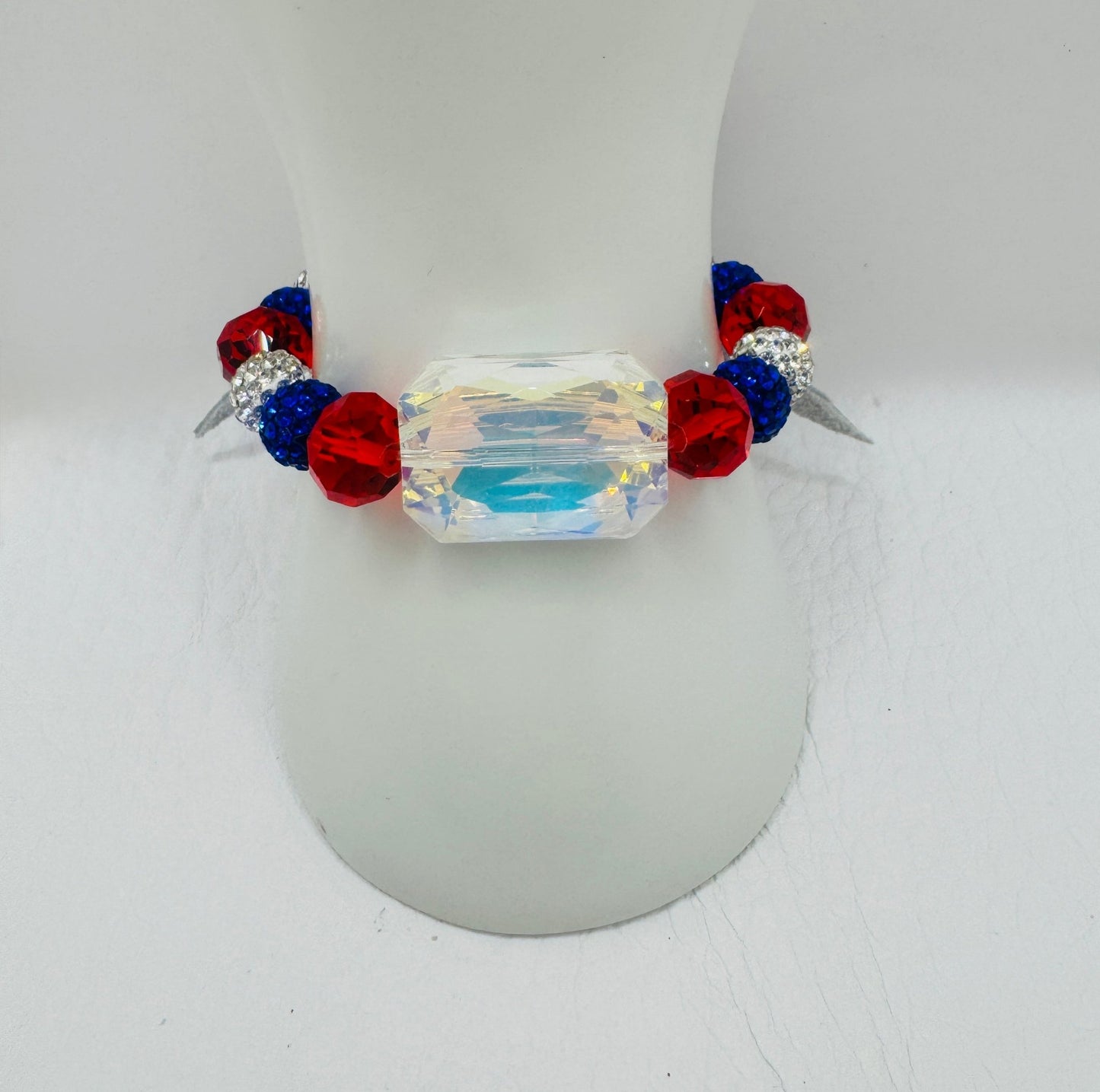 Handmade Bracelet: RED WHITE & BLING - Jagged Leather