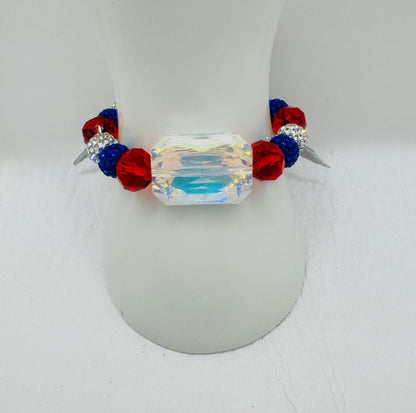 Handmade Bracelet: RED WHITE & BLING - Jagged Leather