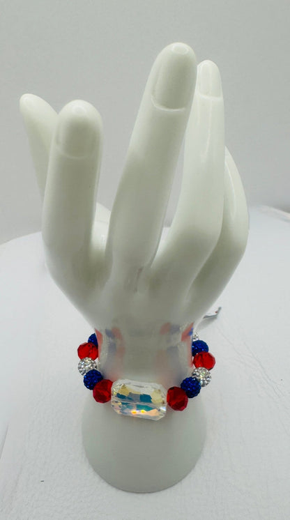 Handmade Bracelet: RED WHITE & BLING - Jagged Leather