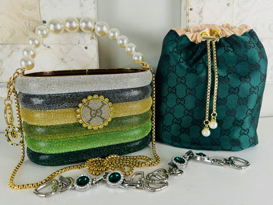 Authentic Recycled Designer Glam bucket with draw string insert: Green - Jagged Leather